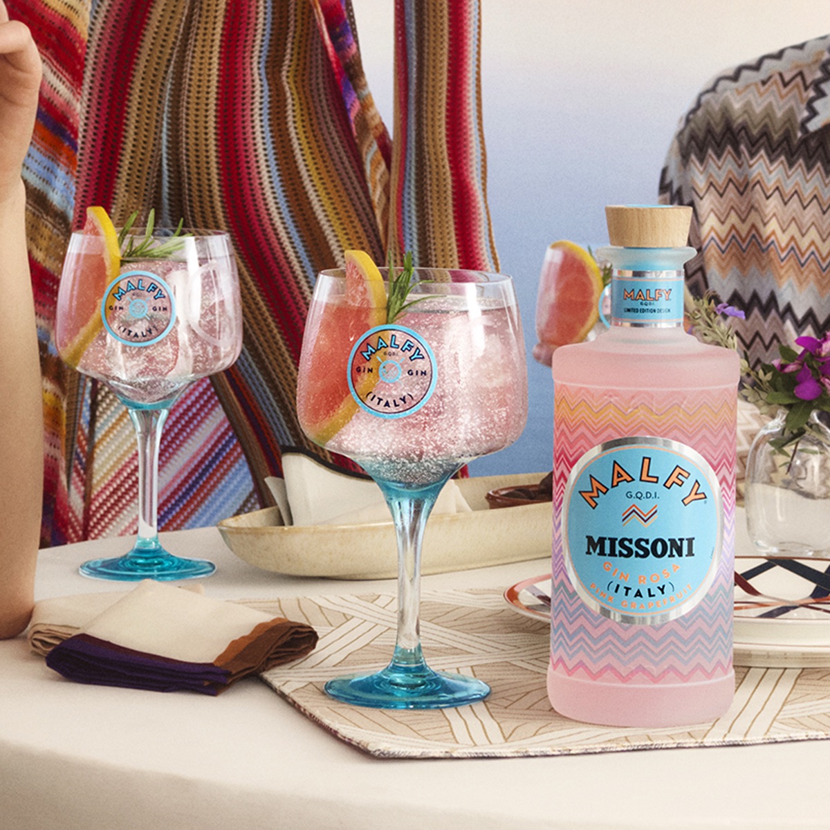 Malfy x Missoni Gin Rosa — limited edition bottle with cocktails, decoration by ATIU